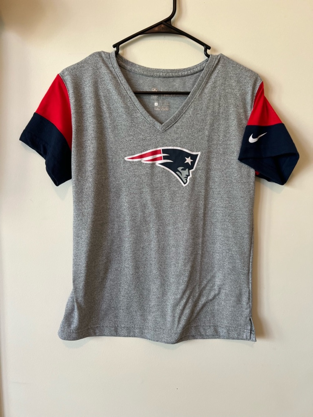 Nike Gray V-Neck Patriots Tee with Red & Navy Sleeve Panels